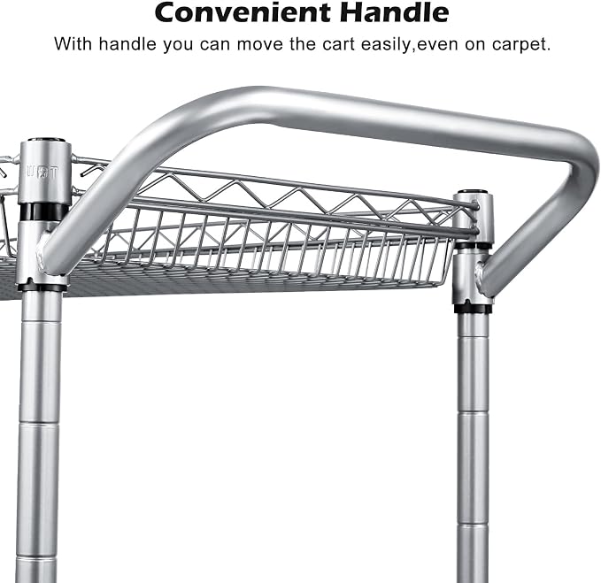 WDT Heavy Duty 3 Tier Utility Cart,Wire Rolling Carts with Wheels, Commercial Grade Service Cart with Shelving Liners and Handle Bar Metal Carts for Kitchen Office Hardware