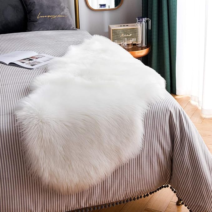Carvapet Faux Sheepskin Rug Runner - Plush Fur Couch Pad Covers for Sofa, White Shaggy Decorative Area Rugs for Bedroom Bench 2ft x 6ft