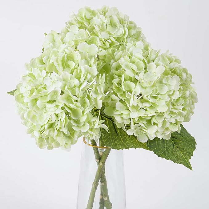 BonBloom's 3 Pcs Light Green Hydrangea Artificial Flowers 21" Latex Large Heads Faux Hydrangeas Flowers Realistic Leaves& Stem for Wedding Table Centerpieces Home Party Outdoor Arrangements Decor