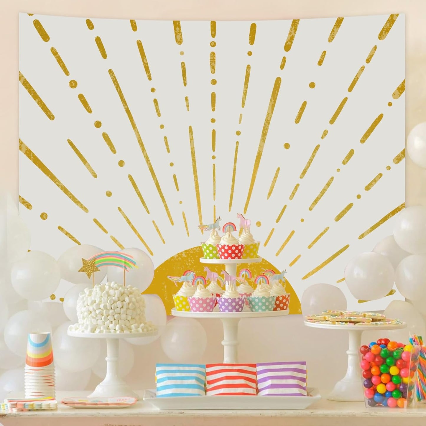 Kanuyee Gold Boho Burning Sun Tapestry Wall Hanging, Retro 70s Abstract Vintage Geometric Line Sunrise Tapestries for Bedroom Living Room Backdrop 60×80 inch