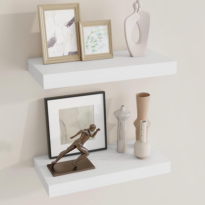 Dreamland 16" White Floating Shelves 6.7" Deep Wall Mounted Set of 2 | Wall shelves for bathroom, bedroom, Living Room, kitchen, deep wall mount wood storage display for home decor 16" x 6.7"