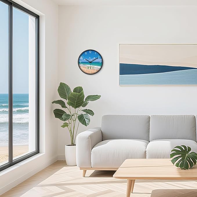 14 Inch Blue Ocean Beach Wall Clock, Silent Non-Ticking Battery Operated Analog Clock with LCD Calendar & Temperature Display, Modern Wall Clock for Home, Office, Beach House, Hotel Decor