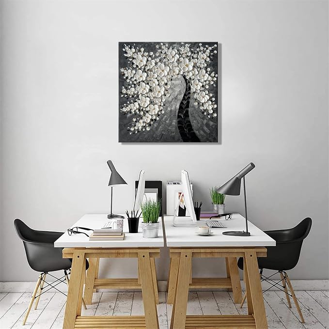 zoinart Hand Paintings 3D Floral Canvas Wall Art 24x24 Inches Abstract Floral Paintings Modern Contemporary Texture Wall Art Tree Black and White Artwork for Home Decorations