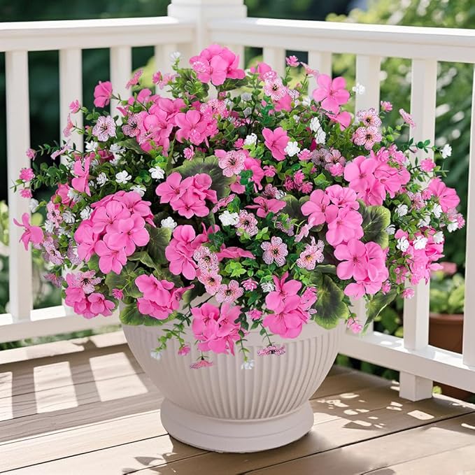 Ouddy Decor 18'' Artificial Geraniums Flowers for Outdoors, 10 Bundles Mixed Fake Silk Flowers Plastic Plants UV Resistant for Summer Garden Porch Patio Planter Table Home Decor, Pink