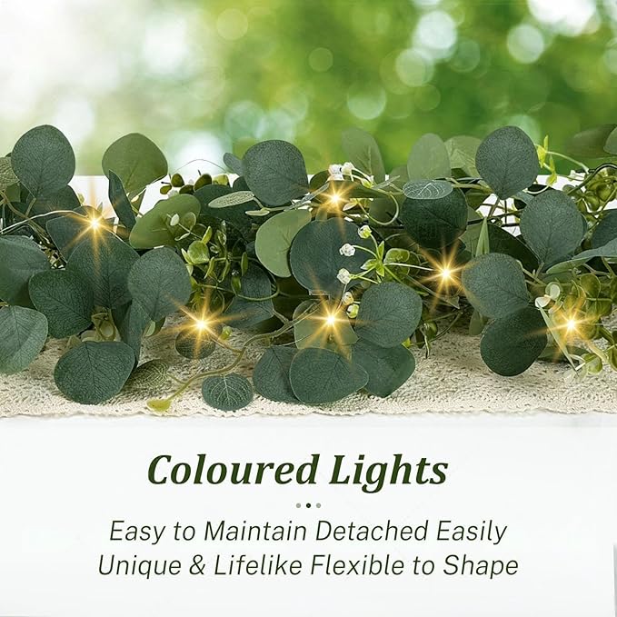 Eucalyptus Garland with Lights, 2 Packs 6FT Green Flower Garland Decor, Artificial Faux Eucalyptus Leaves Greenery Vines for Table Runner Wedding Centerpieces Backdrop Decorations (Warm Color)