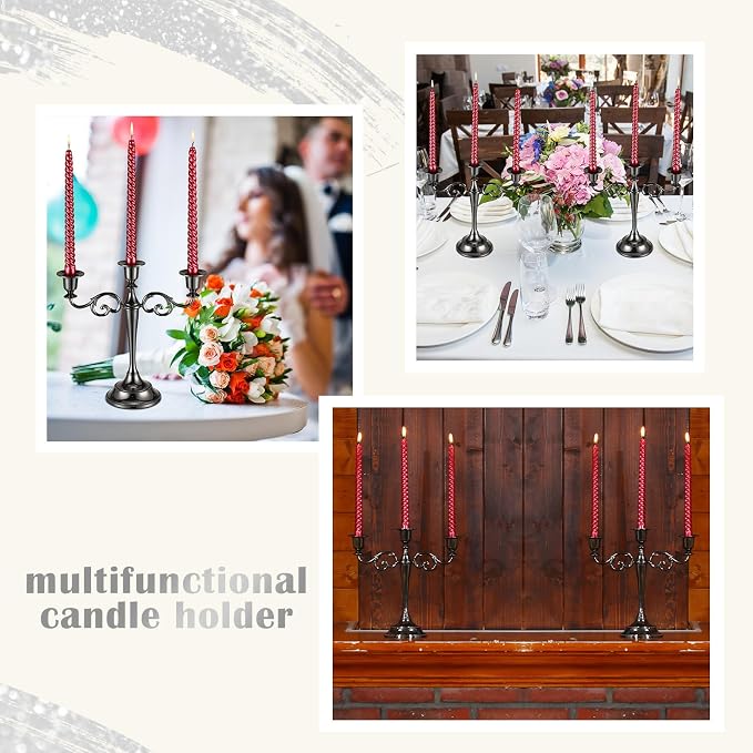 Dandat 3 Pcs 3 Arm Metal Candelabra Candlestick Holders Tall Candlestick Holders Gothic Candle Holder for Home Wedding Church Christmas Party(Classic,10 Inch,Black)