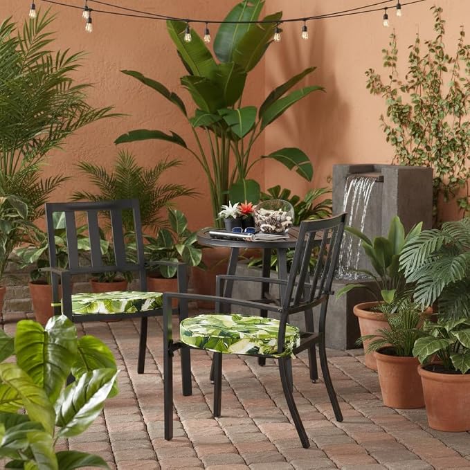 Set of 2 Outdoor 18 inch Round Patio Dining Chair Pads – Comfortable Fiber-Filled Seat Cushions with Ties, Reversible Polyester Fabric, Palm Leaves White