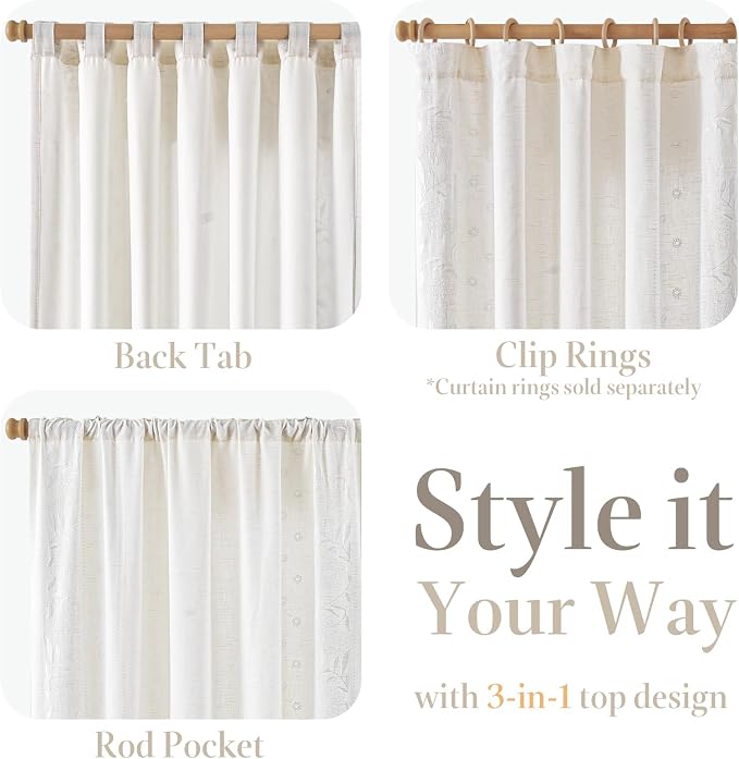 jinchan Winslow Lined Linen Curtains for Bedroom 63 Inches Linen Blended Embroidered Bordered Floral Curtains for Living Room Farmhouse Decor Window Treatments White on White Drapes 2 Panels