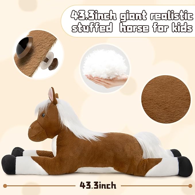 Tezituor 43.3 Inch Giant Horse Stuffed Animals with Long Hair, Realistic Stuffed Horse Plush Toys for Riding, Hugging Brown Horse Plush Pillow for Boys Girls Christmas Birthday Decoration