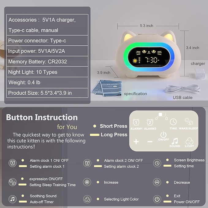ANALOI Alarm Clock for Kids, Ok to Wake Clock for Kids with Eye Protection Sleep Training Auto Off Feature 10 Night Light Dual Alarm, Kids Alarm Clock Cute Cat Gifts for Girls