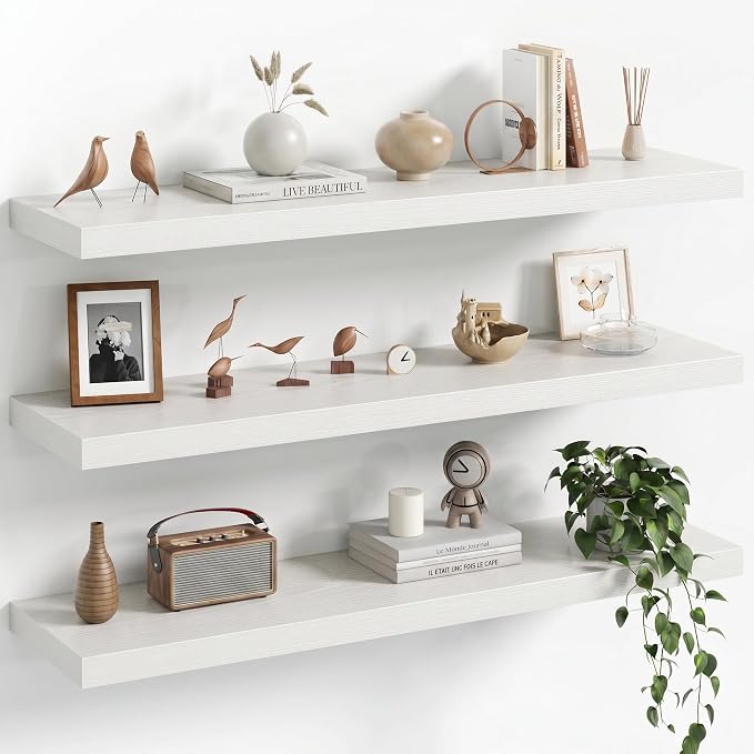 Fun Memories 36Inch Floating Shelves for Wall, 8 Inch Deep Shelves for Bathroom|Bedroom|Kitchen, Large Wall Mounted Wood Hanging Shelf with Invisible Brackets for Home Storage Decor, White - 3 Pack