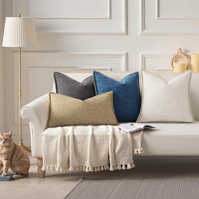 decorUhome Summer Decorative Throw Pillow Covers 18x18 Set of 2 Square Faux Linen Outdoor Neutral Farmhouse Pillow Covers with Stitched Edge for Couch Sofa Living Room, Beige