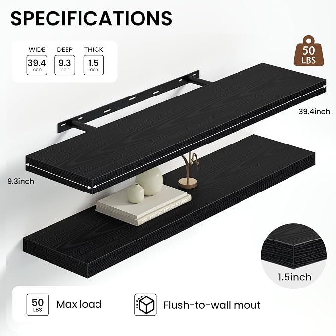 Heimlove 40 Inches Floating Shelves for Wall,9.3" Deep Black Long Floating Shelves Set of 2,Large Display & Storage Shelf,Wall Shelf for Bathroom Bedroom Living Room Kitchen Office