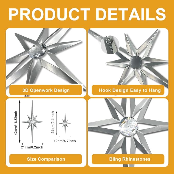 sxnzequnze 4 Pack Metal Star Wall Art 8 Pointed Starburst Wall Decor Set with 2 Large & 2 Small Pieces Mid Century Celestial Metal Wall Sculpture for Bedroom Living Room Office Gallery Wall