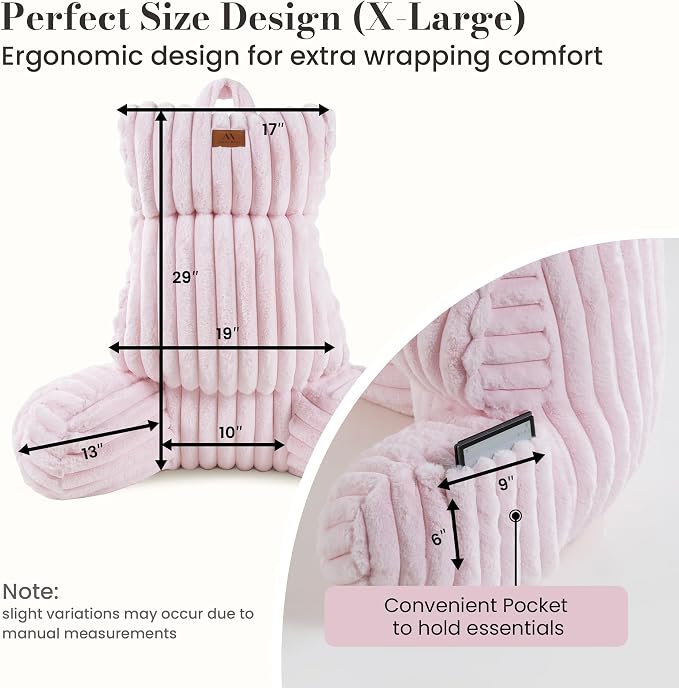 Amélie Home Faux Fur Reading Pillow with Pocket for Sitting in Bed, Adult Backrest Bed Pillow with Washable Cover for Lounging, Watching TV/Gaming/Resting/Post/Surgery/Nursing, Light Pink 29 inches