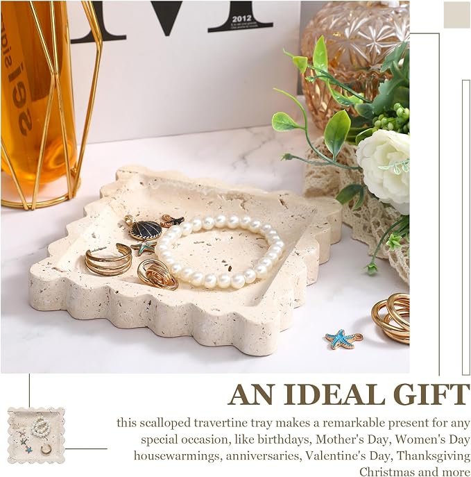Threehoney 5.5 Inch Small Travertine Stone Tray Marble Jewelry Dish Trinket Tray for Women, Perfume, Coffee Table(Square,Scallop)