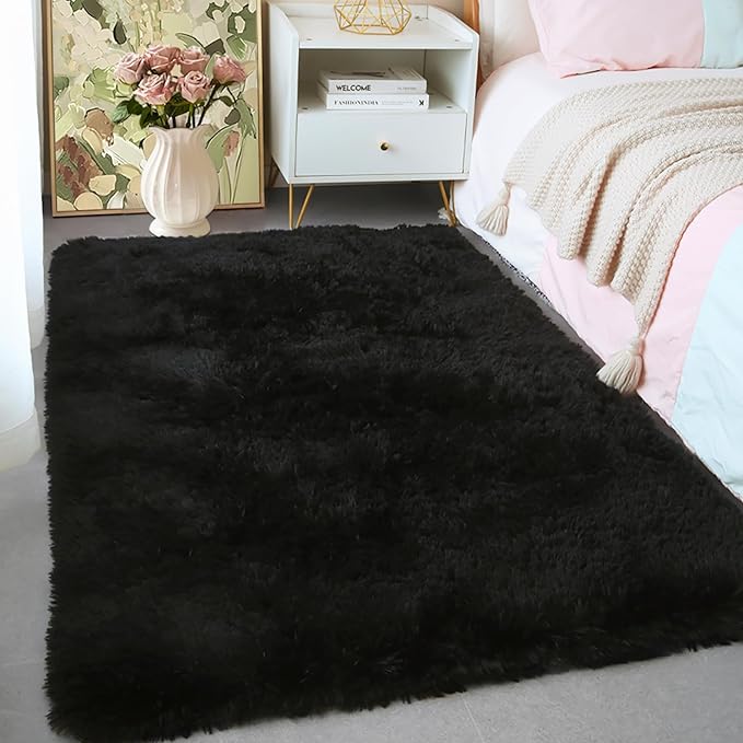 KICHOWUA 3x5 Black Fluffy Shag Rug for Bedroom, Soft Plush Fuzzy Washable Non Slip Floor Cozy Carpet, Modern Comfy Furry Shaggy Small Area Rug for Living Room, Kids Baby Boys Girls Nursery Dorm Room