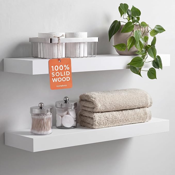Homeforia White Floating Shelves 24 inch, High End Solid Real Wood 24inch Bathroom Floating Shelf for Wall Mounted, White Wooden 24in Floating Shelves, Heavy Duty Bracket, 24 X 6.5 X 1.75 in, Set of 3