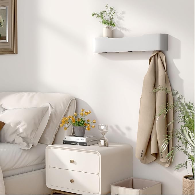 Wall Mounted Coat Rack with Shelf, Wooden Entryway Organizer with Hidden Metal Hooks for Hanging Coats Bags Keys, Modern Floating Shelf for Hallway Bathroom