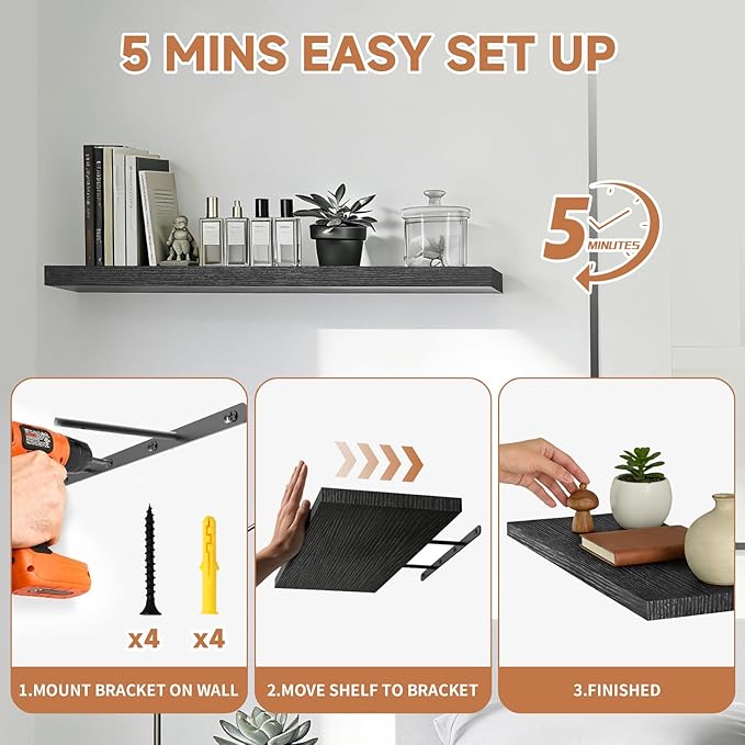 LifetimeWarranty Easy Install Floating Shelves,15.7" Wall Mounted Wooden Shelves, Small Wall Shelves for Storage&Wall Decor,Living Room,Kitchen,Office,Corner Shelf for Photo Book Plants,Set of 3 Black