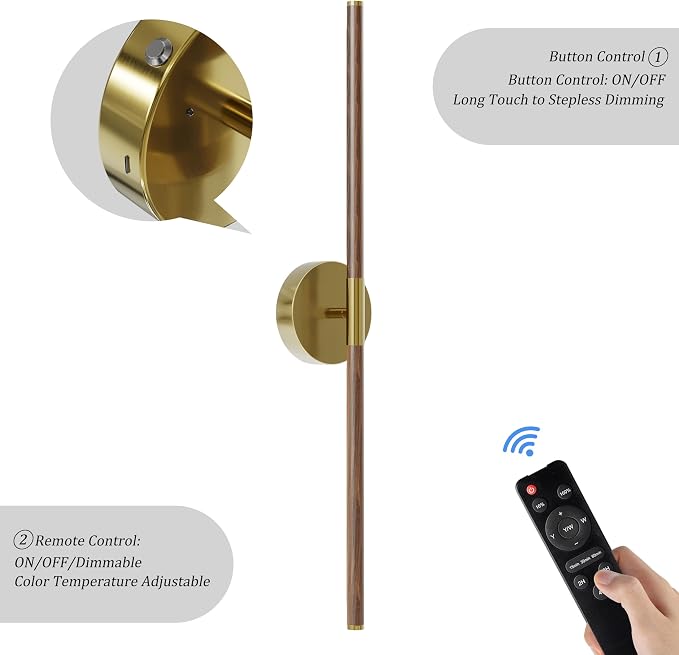 Battery Operated Wall Sconce Set of 2-8000mAh, Rechargeable, Dimmable, 3000K-6000K, Remote, Touch Control, Timer, 350° Rotate, LED Wall Lamps for Living Room, Bedroom, 32 Inch, Walnut Gold