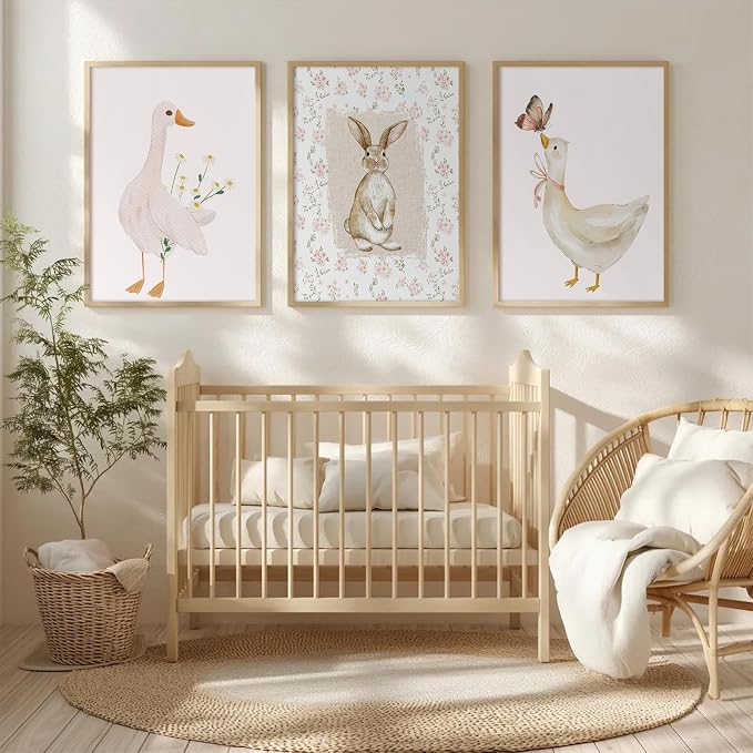 Vintage Nursery Wall Art Goose Canvas Poster Coquette Wall Decor Baby Girl Painting Kids Poster Bunny Rabbit Prints Cute Animal Pictures Duck Artwork for Bedroom Living Room 12x16x3 Inch Unframed