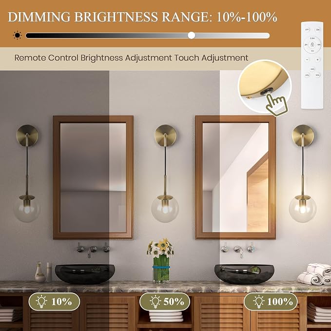 Battery Operated sconces Set of 2 Glass Globe Rechargeable Wall Light Fixture Wireless Wall Lights with Clear Glass Shade for Living Room, Hallway, Bedroom(2 Pack)