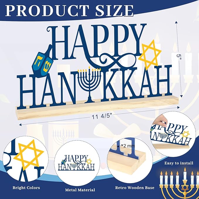 COCHIE Metal Happy Hanukkah Sign, Chanukah Menorah Turkey Table Centerpieces Decorations for Home, Office, Shelf, Mantel, Indoor, Jewish Festival Candles Party Supplies Decor (Hanukkah)