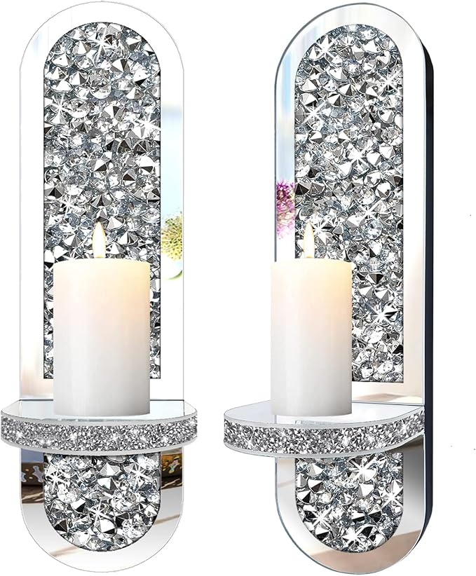 ZOLAPI Set of 2 Crystal Crush Diamond Candle Sconces, Gorgeous Silver Mirrored Wall Sconce,Oval Candle Holder Glass Wall Decorations for Home Décor, Living Room, Dining Room.