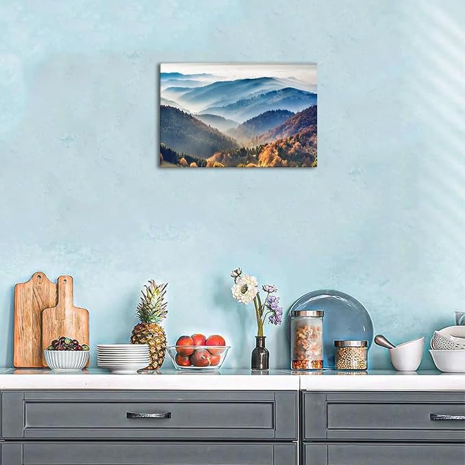Foggy Mountain Wall Art Canvas Misty Forest Picture Wall Decor for Living Room Nature Landscape Painting Modern Artwork Framed American National Park Posters Bedroom Office Home Decorations 12x16