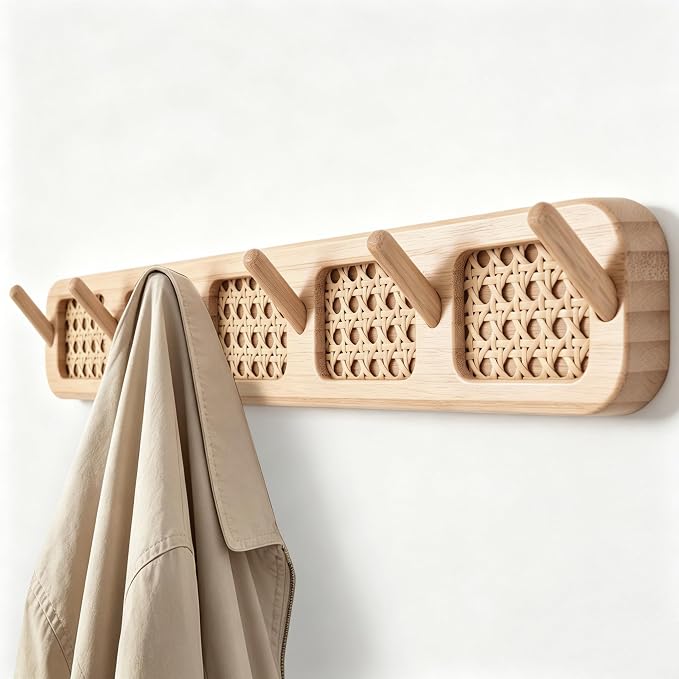 Coat Rack Wall Mount, Rattan Coat Hooks Hanger Wall Mounted | 6 Heavy Duty Bamboo Hooks Rack Rail for entryway Hanging Clothes Hats Bags Jackets Towels Plants,Natural