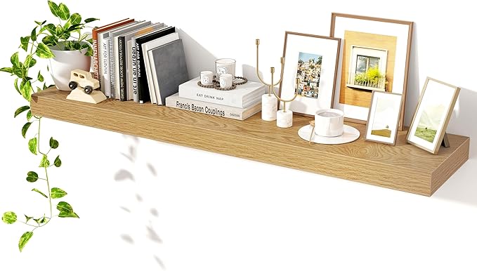Axeman 48Inch Floating Shelves for Wall, Rustic Wood Shelves for Bedroom, Bathroom, Kitchen, Hanging Wall Mounted Shelf with Invisible Brackets for Books Decor, Set of 1, Oak