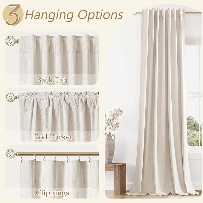 Guken 100% Blackout Linen Curtains 110 Inch Wide by 52 Inch 2 Panels Set for Living Room Bedroom Back Tab Thermal Insulated Black Out Drapes Room Darkening Window Curtains, Linen