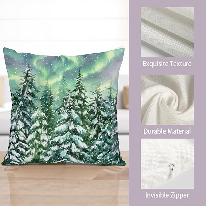 Winter Aurora Pillow Covers 20x20 Set of 2 Snowy Pine Tree Throw Pillow Covers Green Polar Light Forest Pillow Case Double Sided Printing Cushion Case for Home Decor Couch Sofa