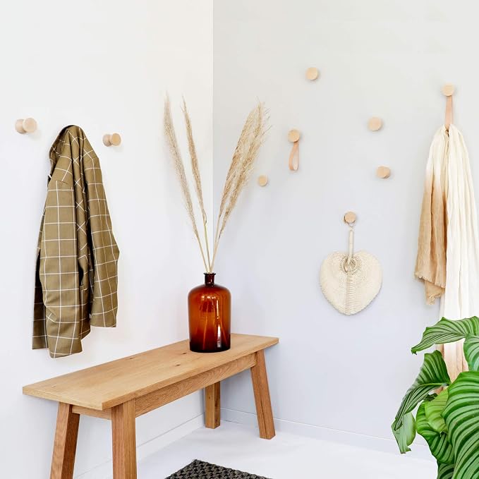Round Beech Wood Coat Hook + Leather Strap - Set of 2 (1.9 inch Diameter)