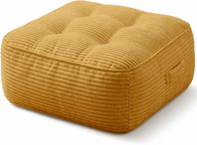 11" Thick Washable Floor Pillow for Adults, Yoga & Meditation Cushion with Handle, Square Large Pillows Seating with Removable Tufted Corduroy Cover for Tatami Living Room Board Games, Yellow