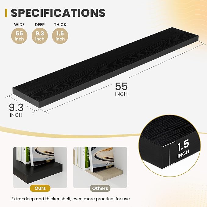 Acovy 55 Inch Floating Shelves, 9.3" Deep Floating Shelf Wall Mounted, 56" Wall Shelves, Rustic Deep Bookshelf, Large Display Shelves & Storage Shelves for Bedroom, Living Room, Black, Set of 2