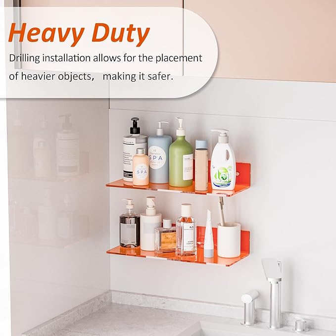 Sezanrpt 15 Inches Orange Acrylic Wall Shelves 2 Pack, L Shape Floating Shelf, Perspex Wall Mounted Shelves for Home Décor, Model Car, Candle, Calendar, Towel, Tissue