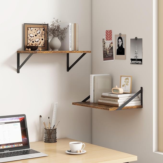 18"W x12"D Floating Shelves, Farmhouse Wall Shelves Home Decor Shelf, Deep Bathroom Shelf with Bracket, 12 Inch Deep Wall Shelves for Living Room, Kitchen, Bedroom, Rustic Brown, Set of 2
