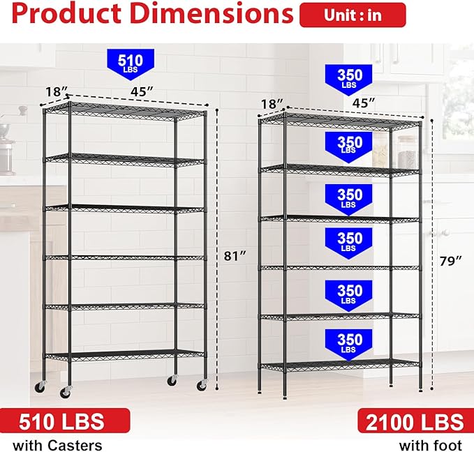 PayLessHere | 6-Tier Wire Shelf with Wheels | 45"x18"x82" | Black | Adjustable Racks | Heavy-Duty Storage Shelves, Holds Upto 510 lbs | Rust-Resistant, No-Tool Assembly | for Home, Garage Shelving