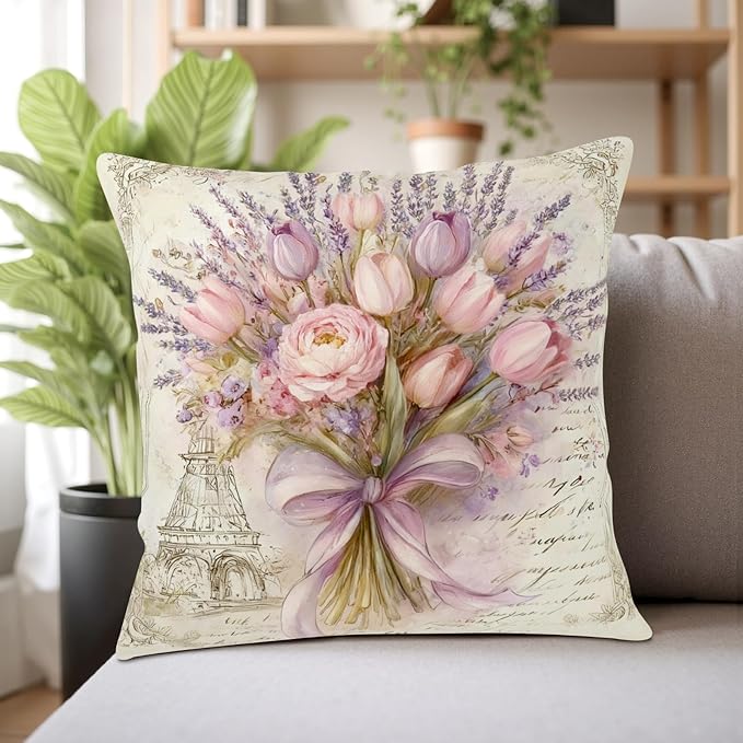 Pink Purple Tulip Pillow Covers Vintage French Script Lavender Flower Throw Pillow Covers 18x18 Set of 2 Retro Spring Summer Floral Pillow Cases Shabby Chic Cushion Case for Sofa