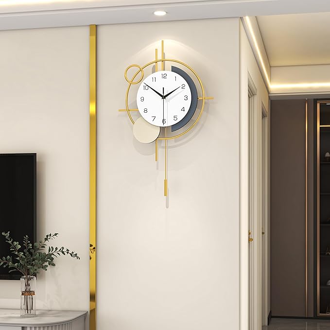 Wall Clock Decorative Large Modern Wall Clock Silent Non-Ticking Battery Operated Gold Unique Pendulum Clock for Living Room,Bedroom,Office,Kitchen,Bathroom,Wall Decor 13.8x21.9in