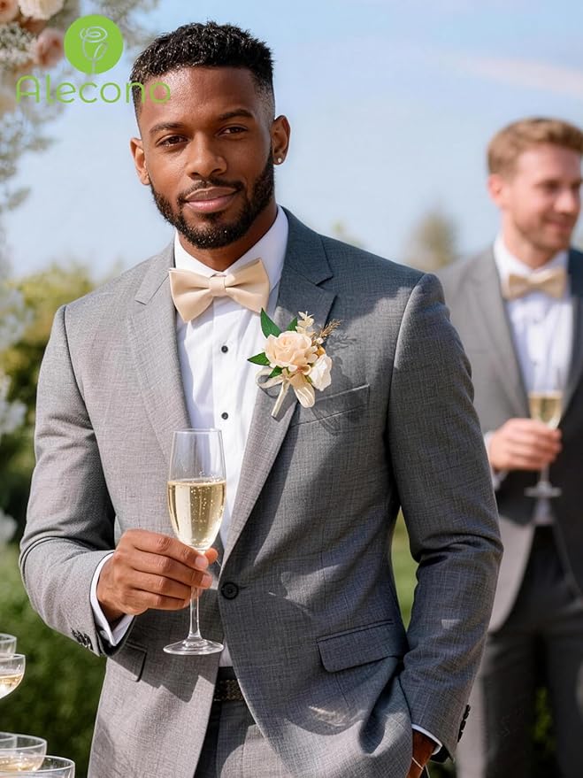 Alecono Champagne Corsage and Boutonniere Set, Corsages for Bride Bridesmaid Groom Bridegroom, Artificial Flowers for Prom Graduation Ceremony Anniversary