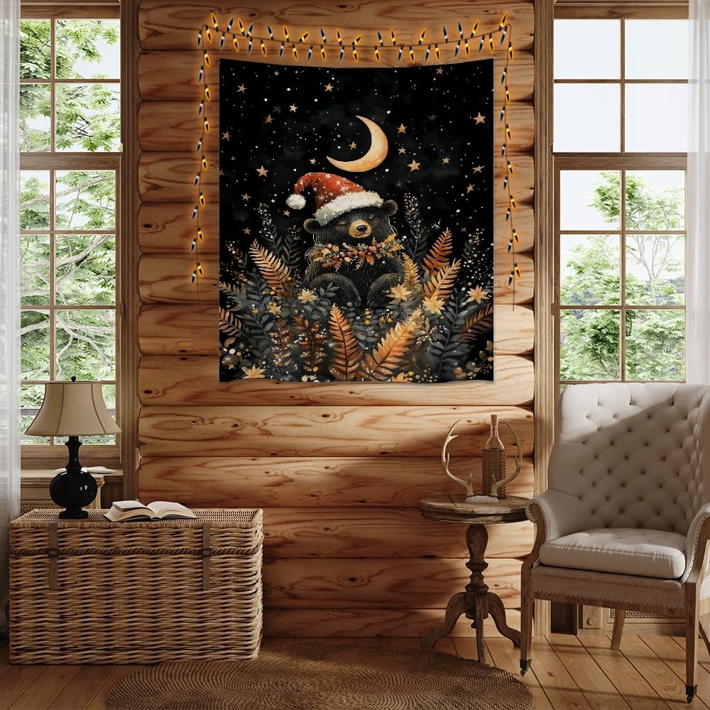 Whimsical Christmas Tapestry Moon Stars Dark Aesthetic Wall Hanging Decor Cute Bear Tapestries for Kids Room Decoration Funny Christmas wall art for Bedroom Dorm Living Room 70x90inch