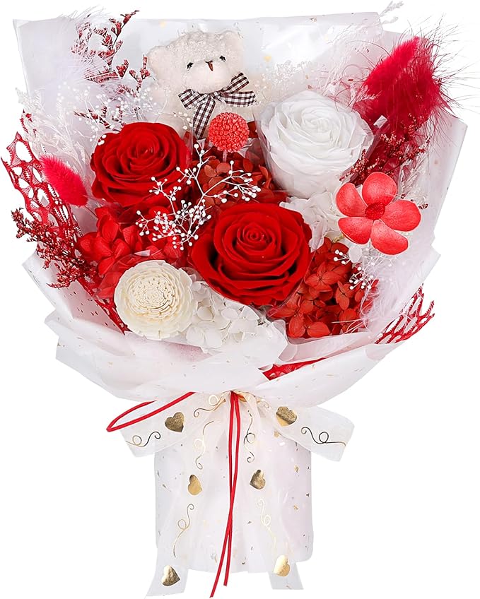 Preserved Flowers Bouquet with Bear, 3 Real Forever Flowers for Delivery, Long-Lasting Red Eteranl Roses Bouquet, Mothers Day Gifts for Mom Grandma, Anniversary Birthday Gifts for Women Girlfriend