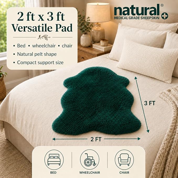 Natural Sheepskin for Bed Sores and Skin Irritation | Hastings 100% Real Medical Sheepskins with Non-Slip Back for Pain Relief and Discomfort, Wool Seat Pad, Emerald, 2 ft x 3 ft.