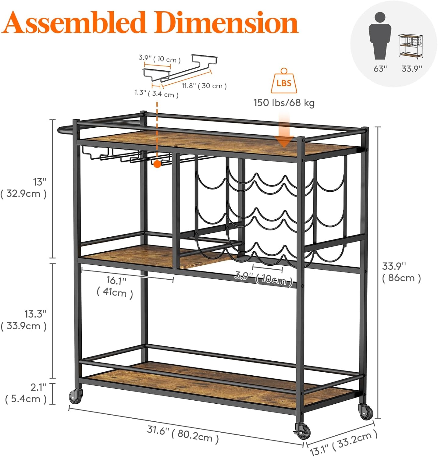 Lifewit Bar Cart for The Home, 3 Tier Drink Cart with Lockable Wheels, 12 Wine Rack and 3 Rows Glass Holders, Liquor Serving Cart for Kitchen Dining Livingroom, 31.6" x 13.1" x 33.9", Rustic Brown