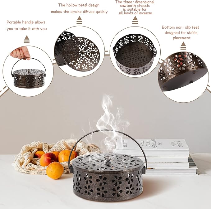Portable Iron Mosquito Coil Holder with Handle Round Heat-Resistant Incense Holder for Home Office Camping (2Pack Bronze)