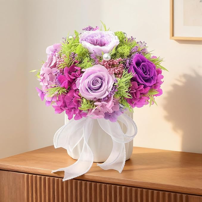 Preserved Flower Bouquet with Vase for Delivery Prime, Natural Forever Rose (Purple Eternal Floral Arrangement)