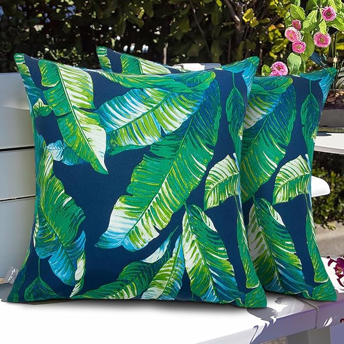 Magpie Fabrics Patio Pillow with Insert 18"x18", Set of 2, Fade-Resistant Outdoor Indoor Cushion Decorative Throw Pillow Decoration for Couch Garden Furniture - Green Lagoon Leaves